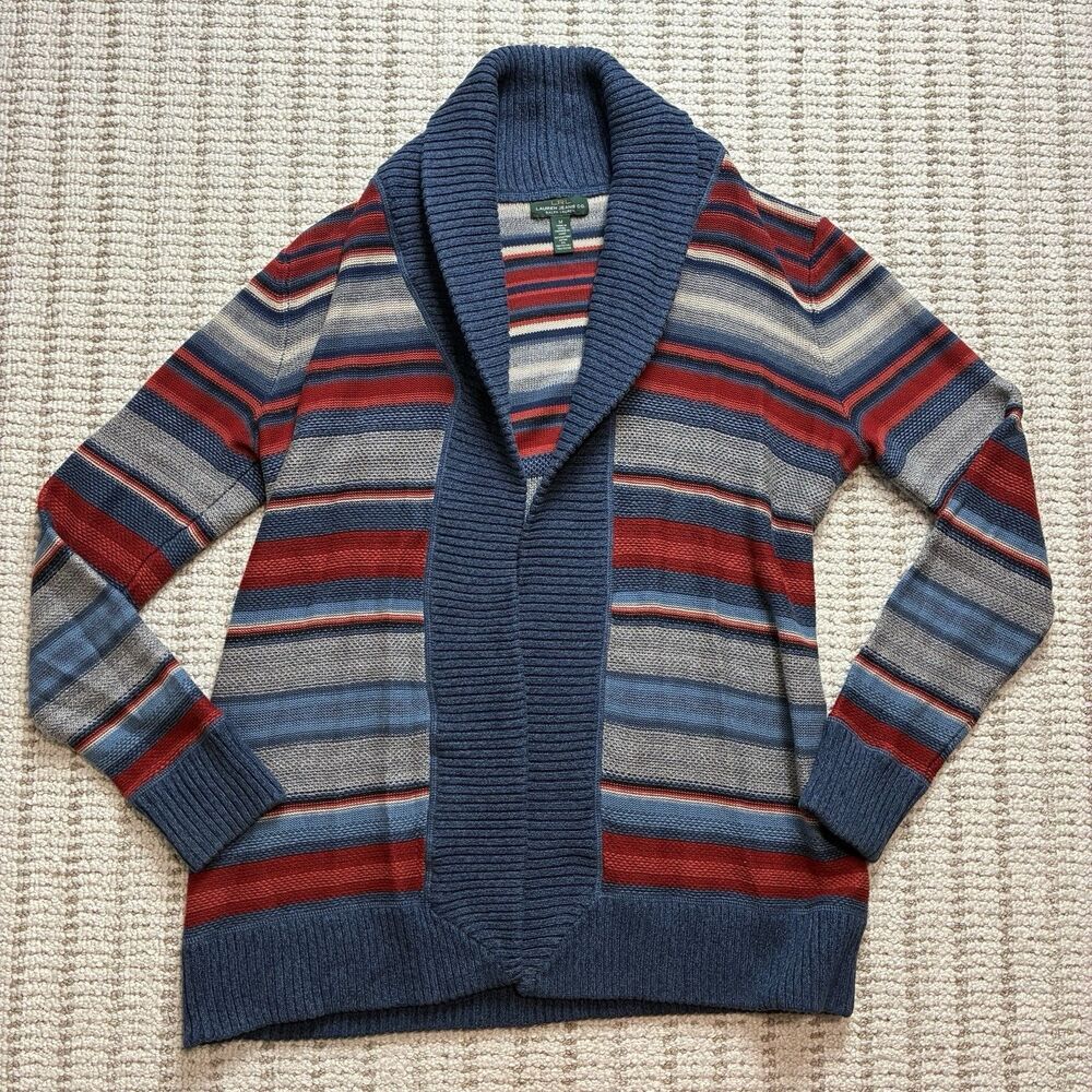 LRL Ralph Lauren Jeans Co Cardigan Sweater Serape Striped Shawl Collar Womens M